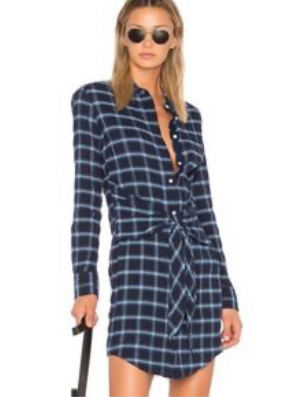 rag & bone Sadie Navy Blue Plaid Tie-Waist Shirt Dress